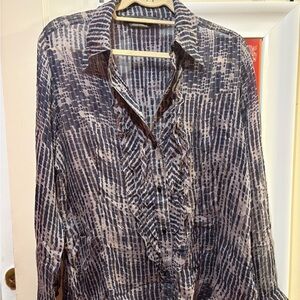 Marina Rinaldi 100% silk ruffle front blouse blue/gray abstract print Italian